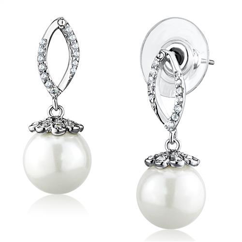 JCE1301 Rhodium Brass Earrings with Synthetic Pearl in White