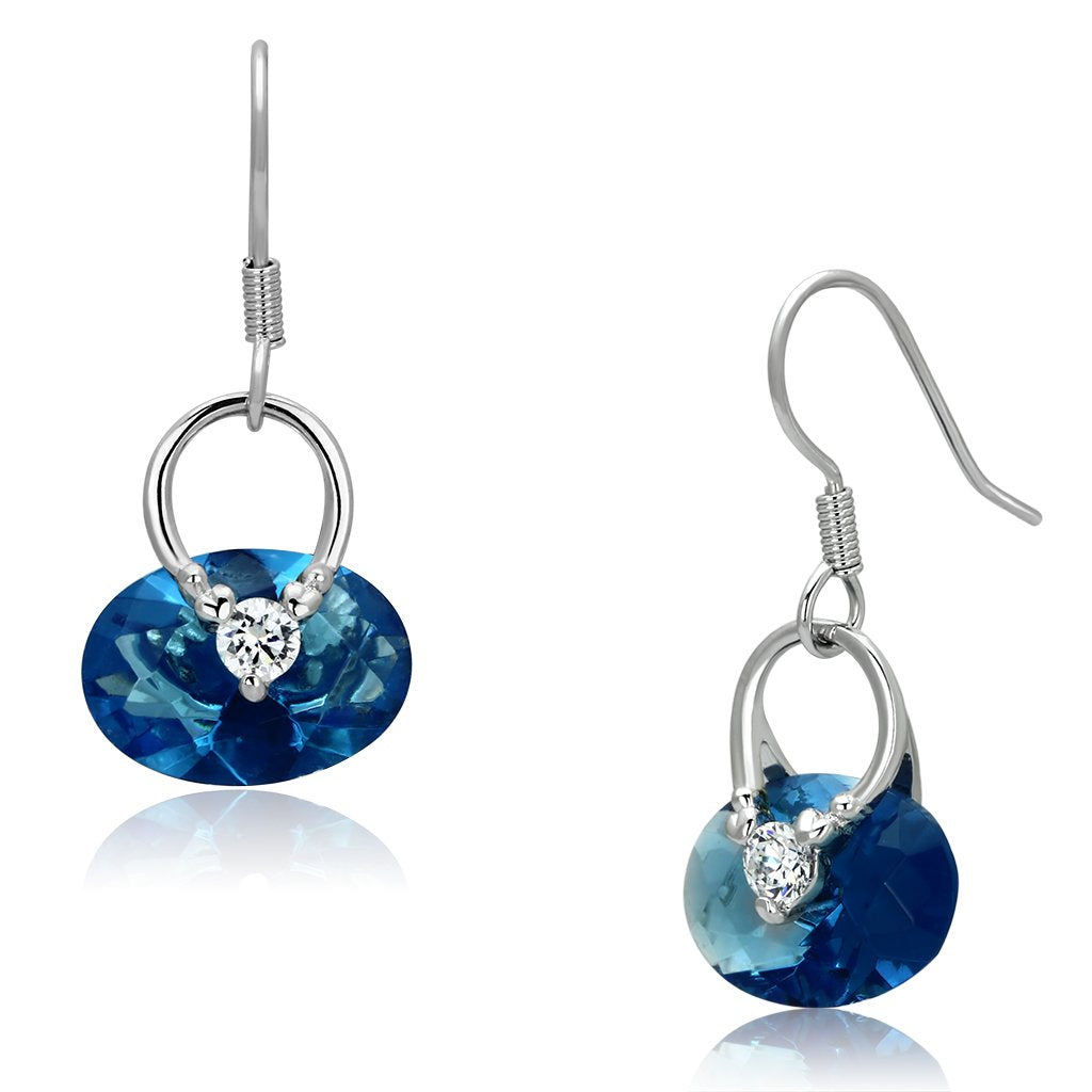 JCE338 Rhodium Brass Earrings with Synthetic Synthetic Glass in Sea Blue