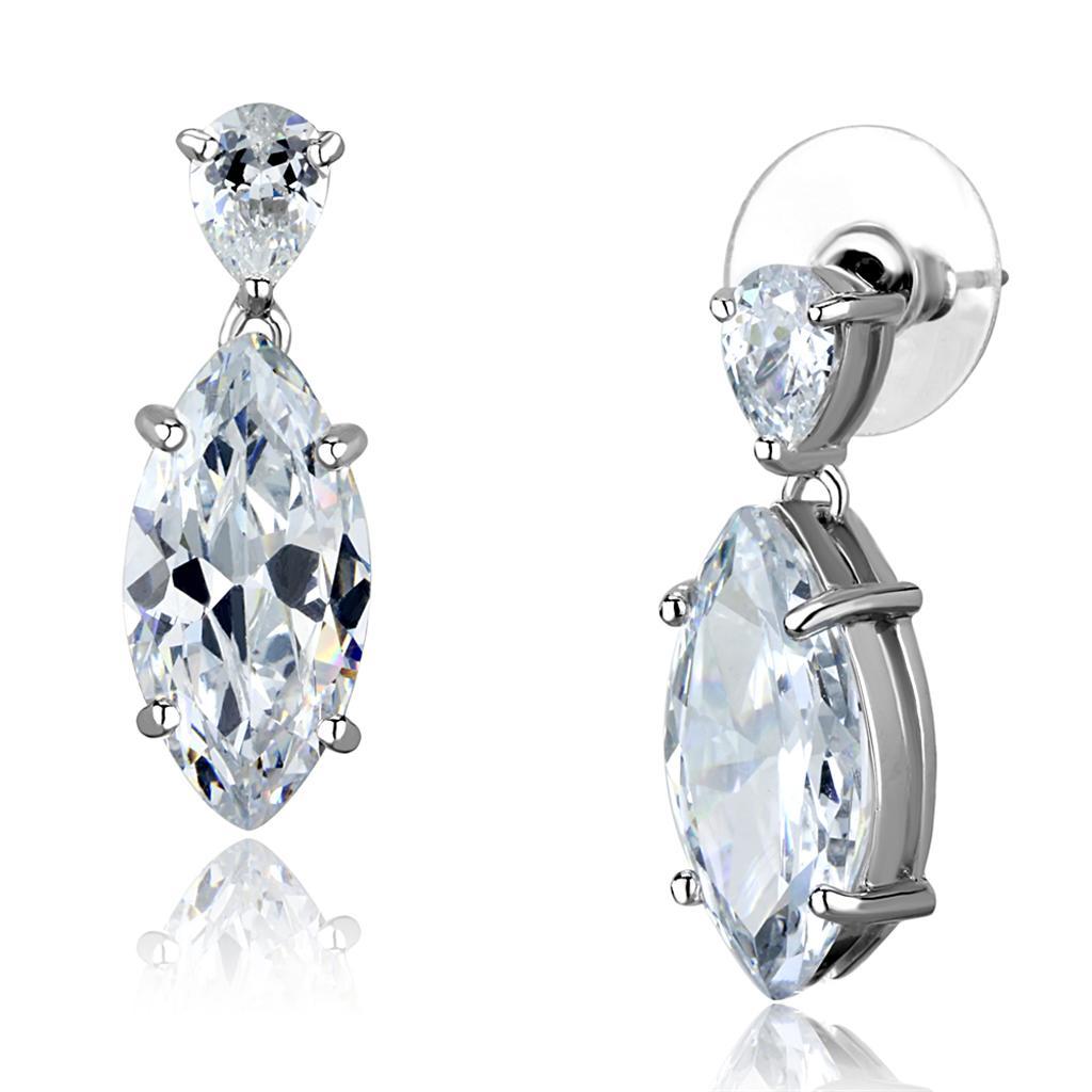 JCE889 Rhodium Brass Earrings with AAA Grade CZ  in Clear