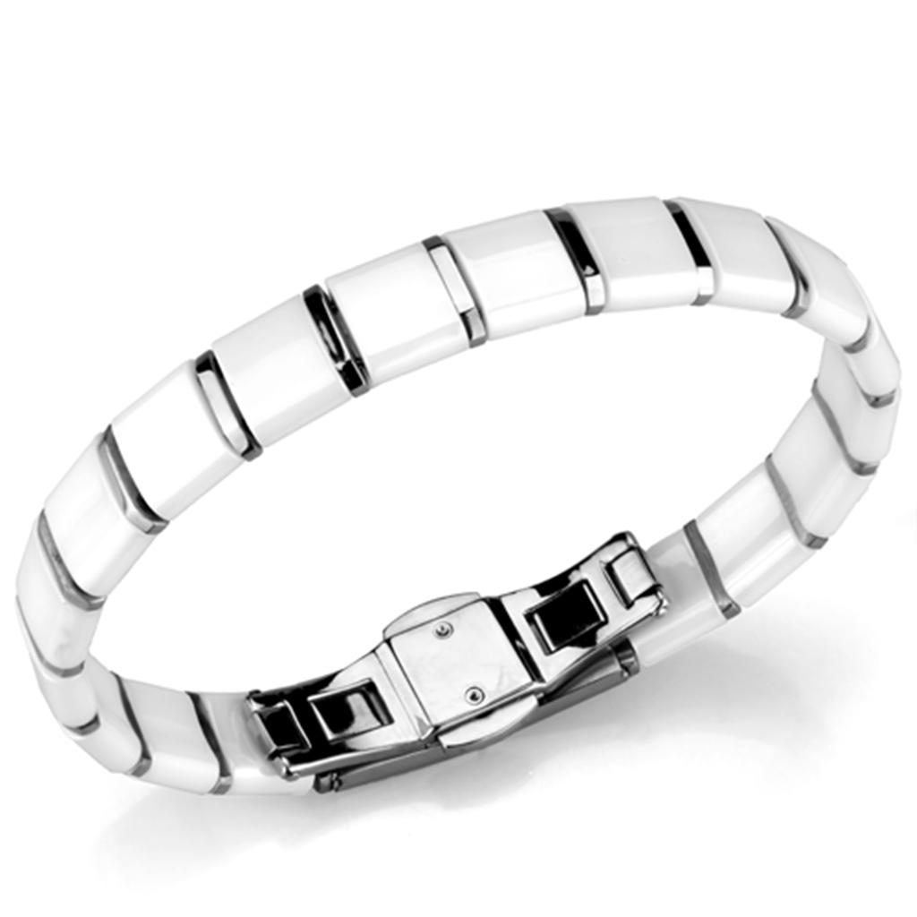JCE985 High polished (no plating) Stainless Steel Bracelet with Ceramic  in White
