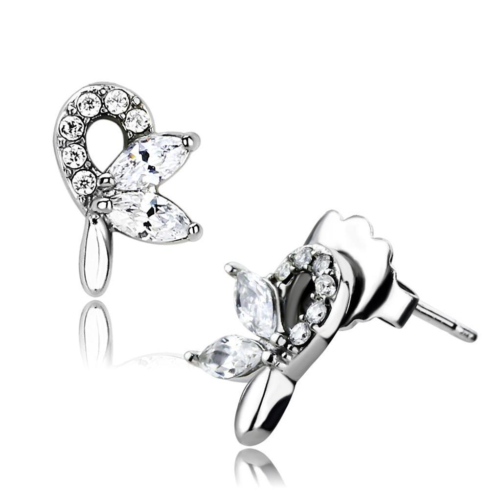 JCE087 High polished (no plating) Stainless Steel Earrings with AAA Grade CZ  in Clear