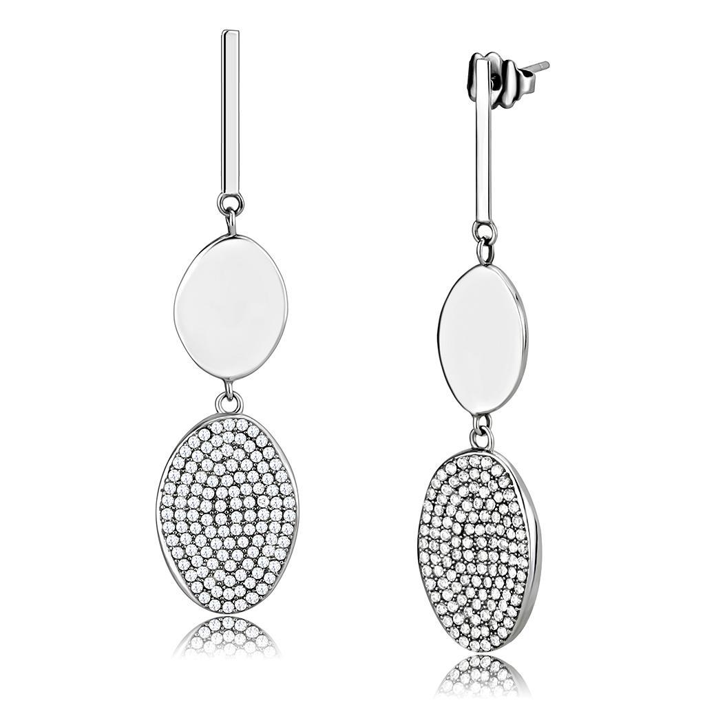 JCE193 High polished (no plating) Stainless Steel Earrings with AAA Grade CZ  in Clear