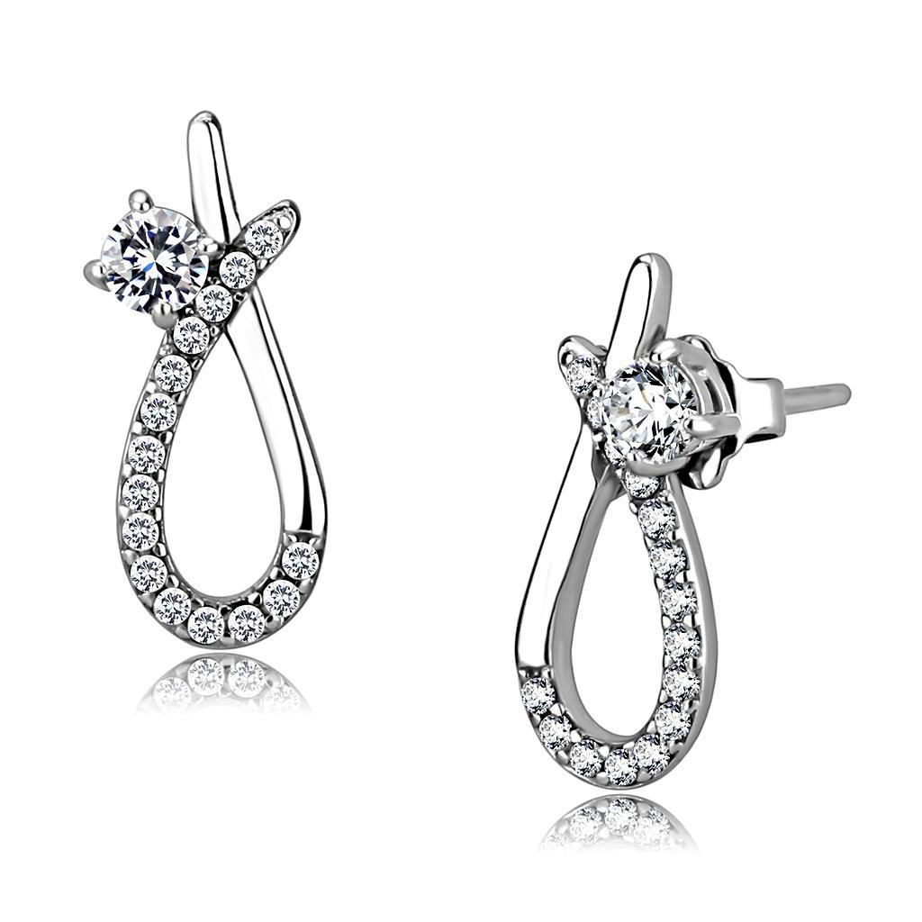 JCE196 High polished (no plating) Stainless Steel Earrings with AAA Grade CZ  in Clear