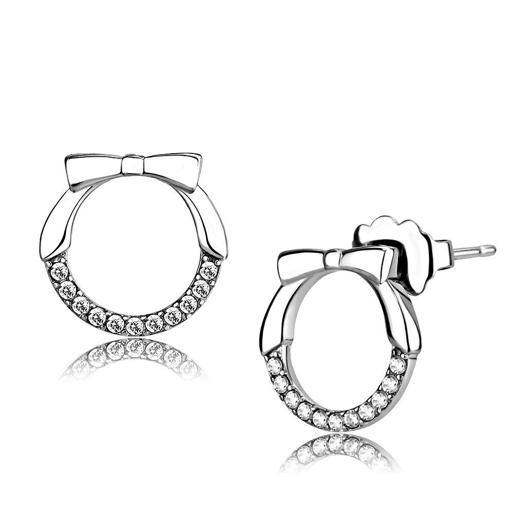 JCE210 High polished (no plating) Stainless Steel Earrings with AAA Grade CZ  in Clear