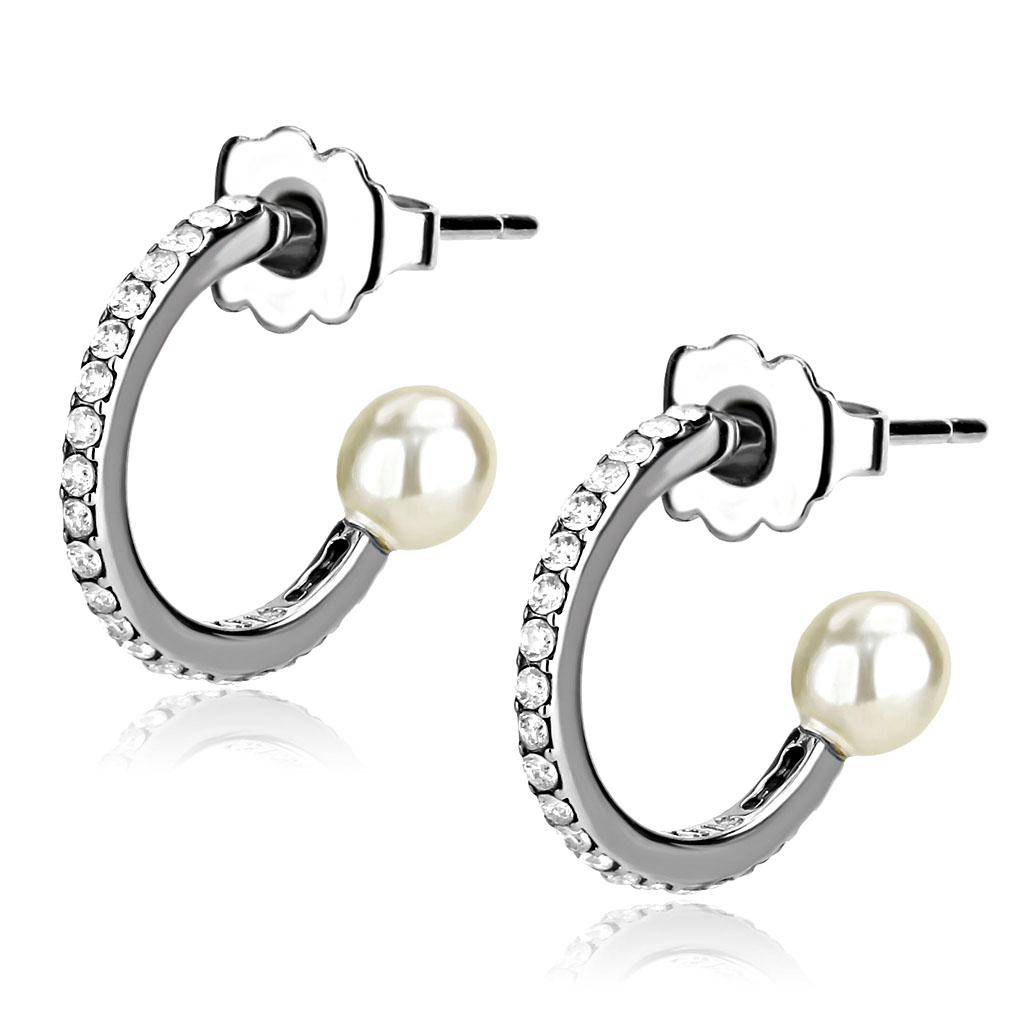 JCE224 High polished (no plating) Stainless Steel Earrings with Synthetic Pearl in White