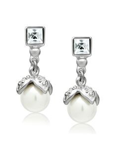 JCE1973 Rhodium White Metal Earrings with Synthetic Pearl in White