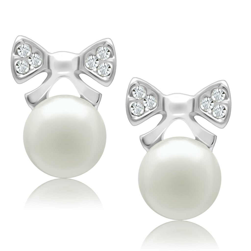 JCE1980 Rhodium White Metal Earrings with Synthetic Pearl in White