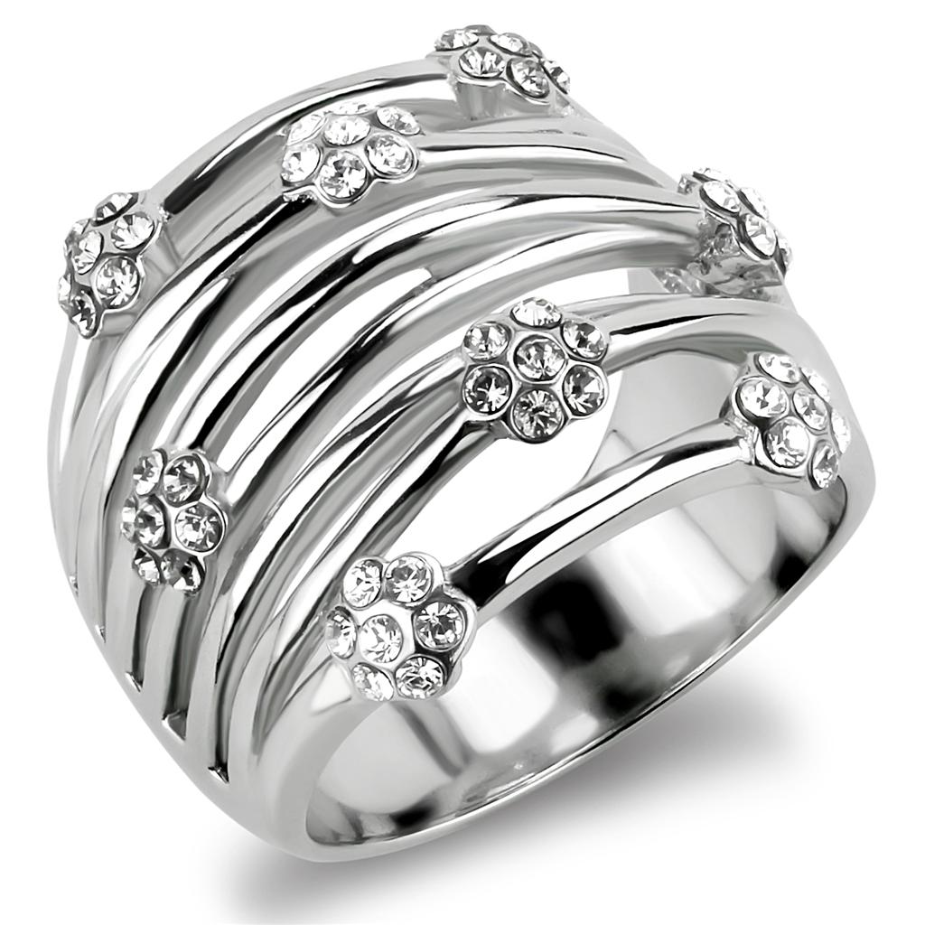 JCE1372 High polished (no plating) Stainless Steel Ring with Top Grade Crystal  in Clear