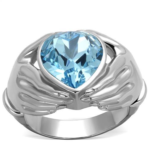 JCE1775 High polished (no plating) Stainless Steel Ring with Top Grade Crystal  in Sea Blue
