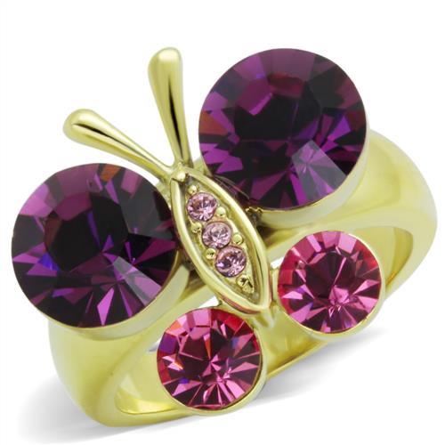 JCE1889 IP Gold(Ion Plating) Stainless Steel Ring with Top Grade Crystal  in Amethyst