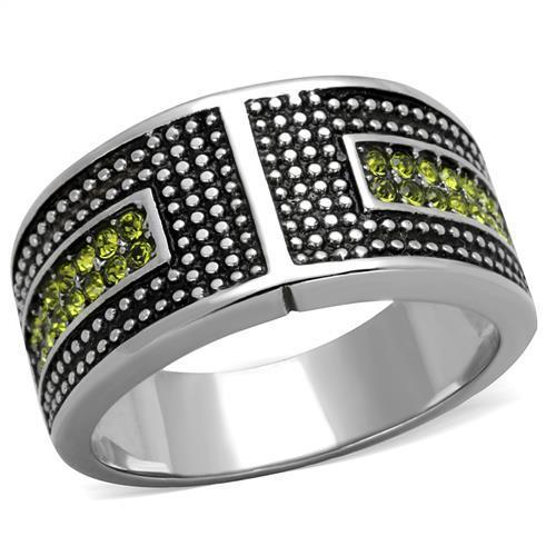 JCE2022 High polished (no plating) Stainless Steel Ring with Top Grade Crystal  in Olivine color