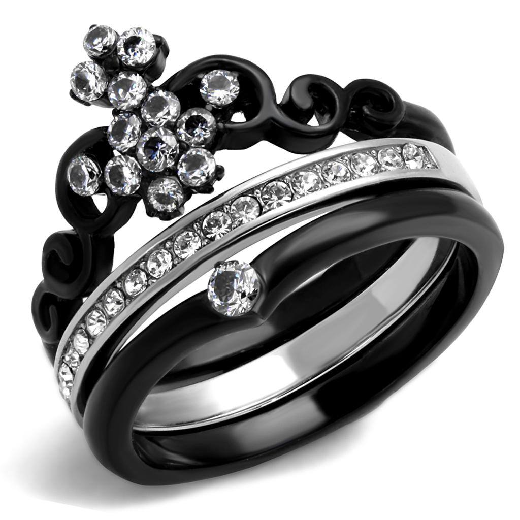 JCE2187 Two-Tone IP Black Stainless Steel Ring with AAA Grade CZ  in Clear