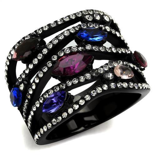 JCE2480 IP Black(Ion Plating) Stainless Steel Ring with Top Grade Crystal  in Multi Color