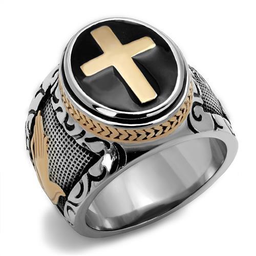 JCE2623 Two-Tone IP Rose Gold Stainless Steel Ring with Epoxy  in Jet