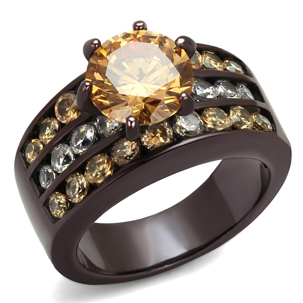 JCE2681 IP Dark Brown (IP coffee) Stainless Steel Ring with AAA Grade CZ  in Champagne