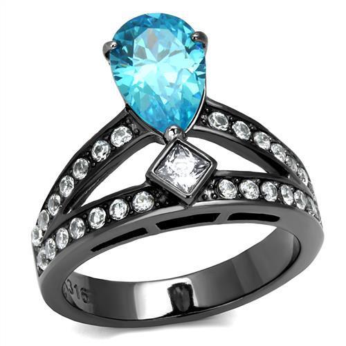 JCE2775 IP Light Black  (IP Gun) Stainless Steel Ring with AAA Grade CZ  in Sea Blue