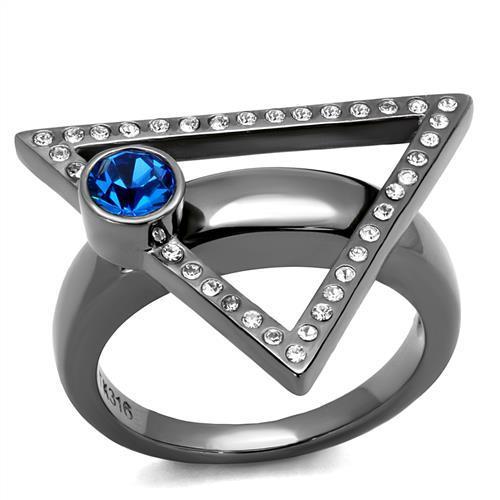 JCE2810 IP Light Black  (IP Gun) Stainless Steel Ring with Top Grade Crystal  in Capri Blue