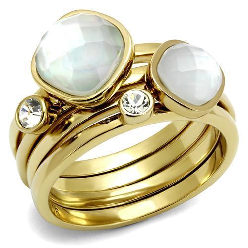 JCE2975 IP Gold(Ion Plating) Stainless Steel Ring with Synthetic Synthetic Glass in White