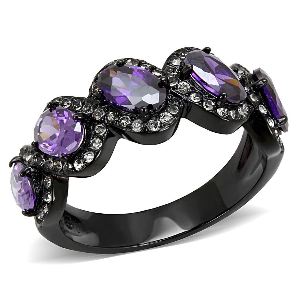 JCE3051 IP Black(Ion Plating) Stainless Steel Ring with AAA Grade CZ  in Amethyst