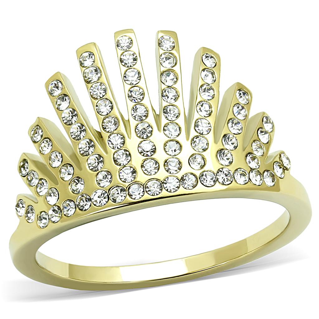JCE3128 IP Gold(Ion Plating) Stainless Steel Ring with Top Grade Crystal  in Clear