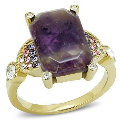 JCE3195 IP Gold(Ion Plating) Stainless Steel Ring with Semi-Precious Amethyst Crystal in Amethyst