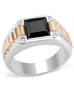 JCE3227 Two-Tone IP Rose Gold Stainless Steel Ring with Synthetic Onyx in Jet