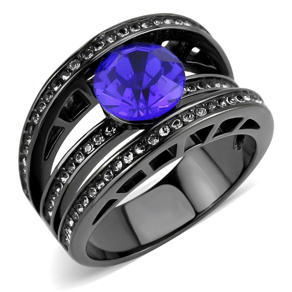 JCE3453 IP Light Black  (IP Gun) Stainless Steel Ring with Top Grade Crystal  in Sapphire