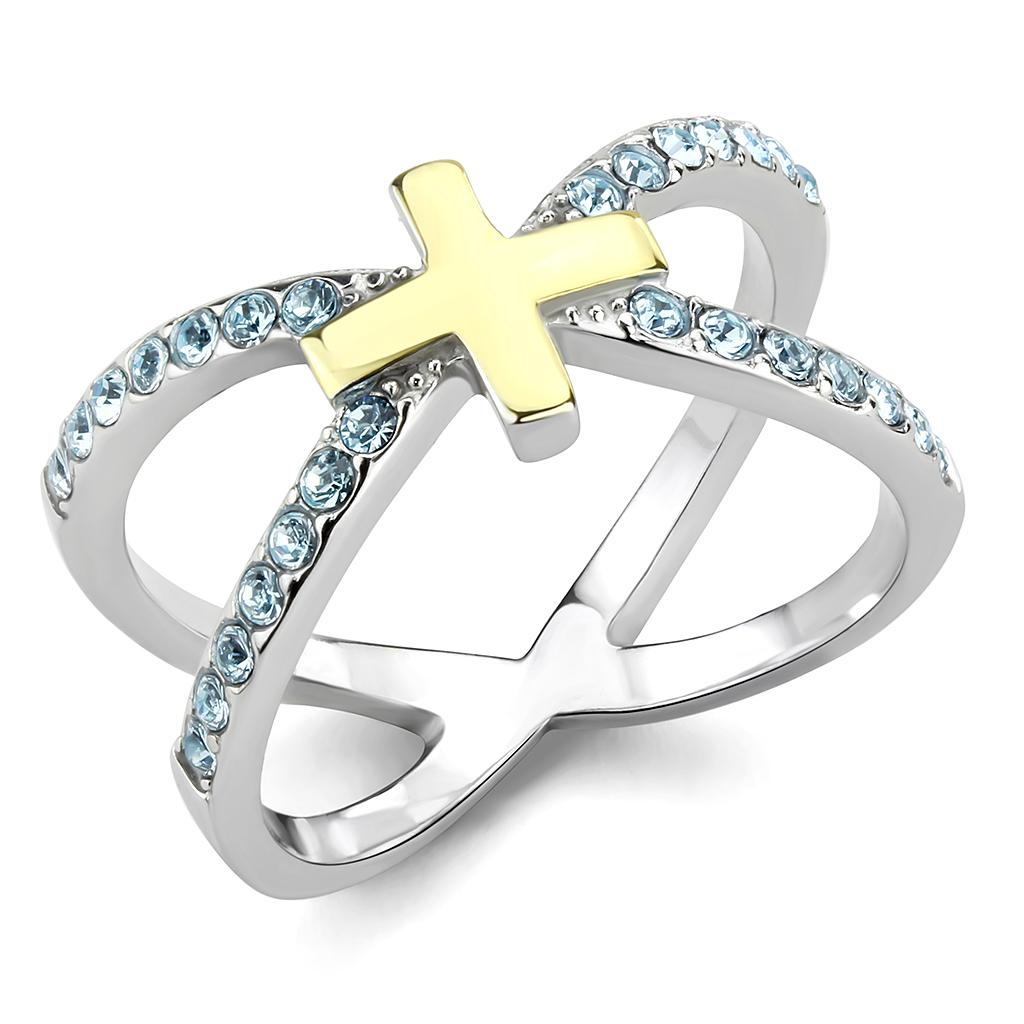 JCE3636 Two-Tone IP Gold (Ion Plating) Stainless Steel Ring with Top Grade Crystal  in Sea Blue