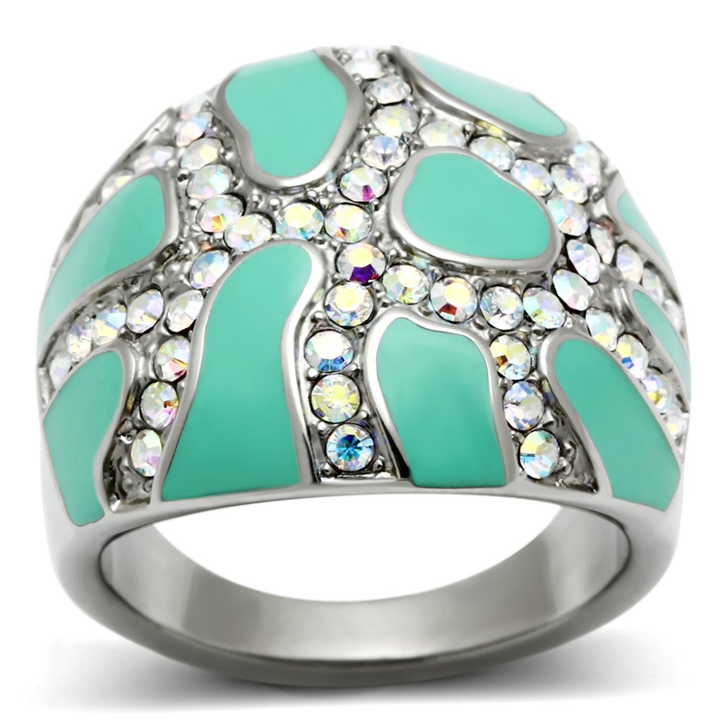JCE507 High polished (no plating) Stainless Steel Ring with Top Grade Crystal  in Aurora Borealis (Rainbow Effect)