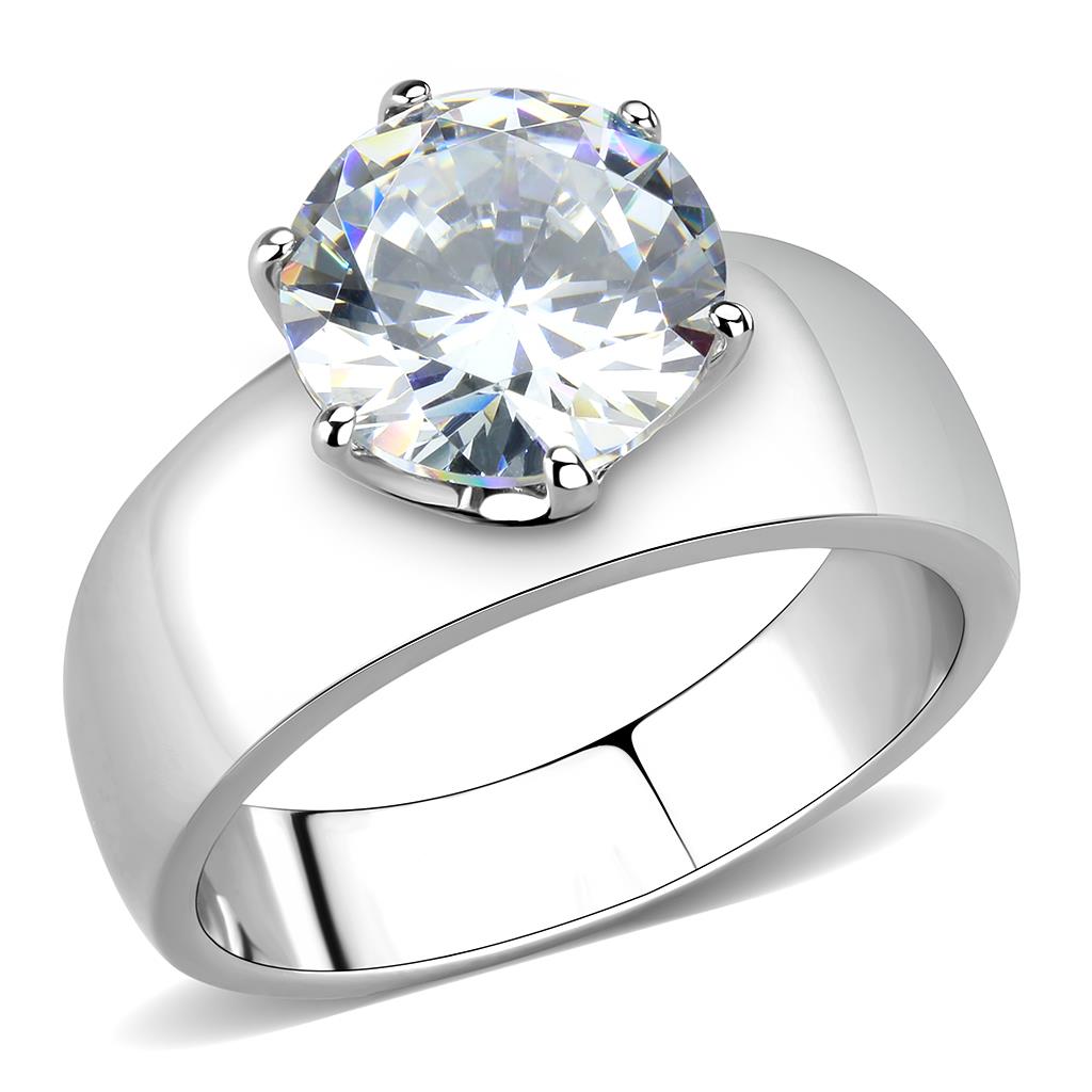 JCE52004 High polished (no plating) Stainless Steel Ring with AAA Grade CZ  in Clear