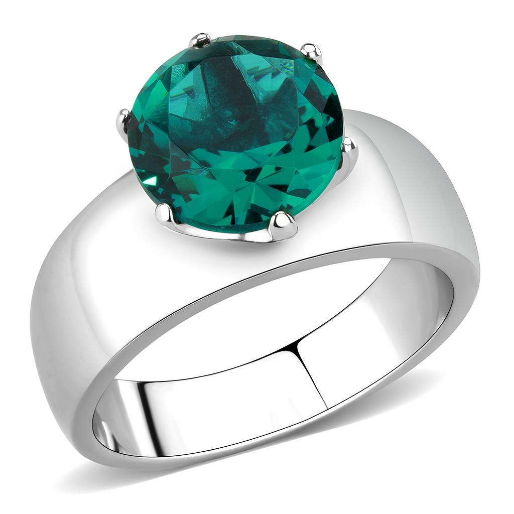 JCE52012 High polished (no plating) Stainless Steel Ring with Synthetic Synthetic Glass in Blue Zircon