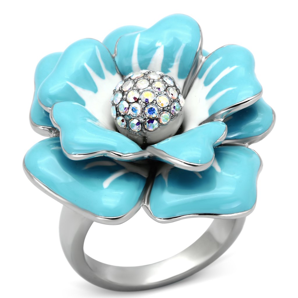 JCE817 High polished (no plating) Stainless Steel Ring with Top Grade Crystal  in Aurora Borealis (Rainbow Effect)