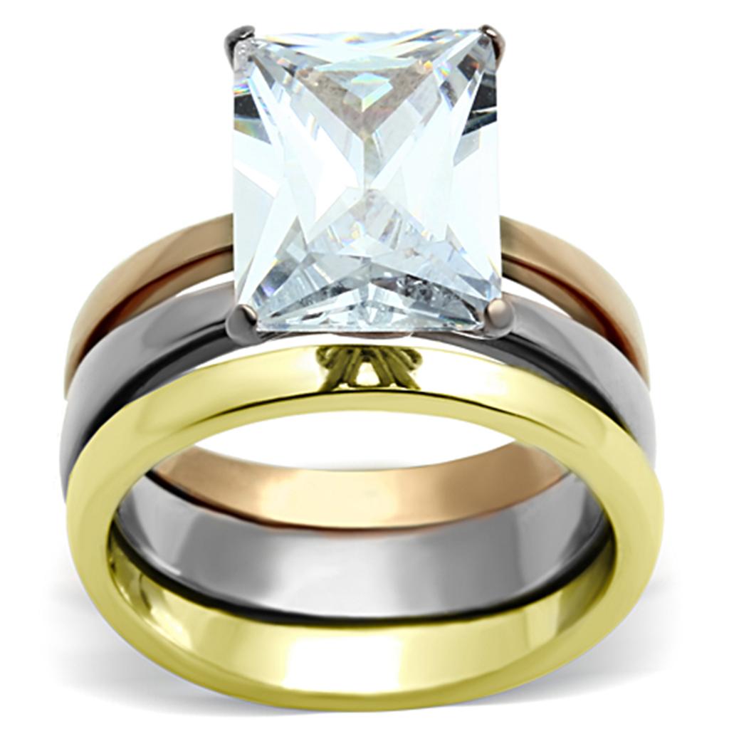 JCE962 Three Tone IP+»-+-åIP Gold & IP Rose Gold & High Polished) Stainless Steel Ring with AAA Grade CZ  in Clear
