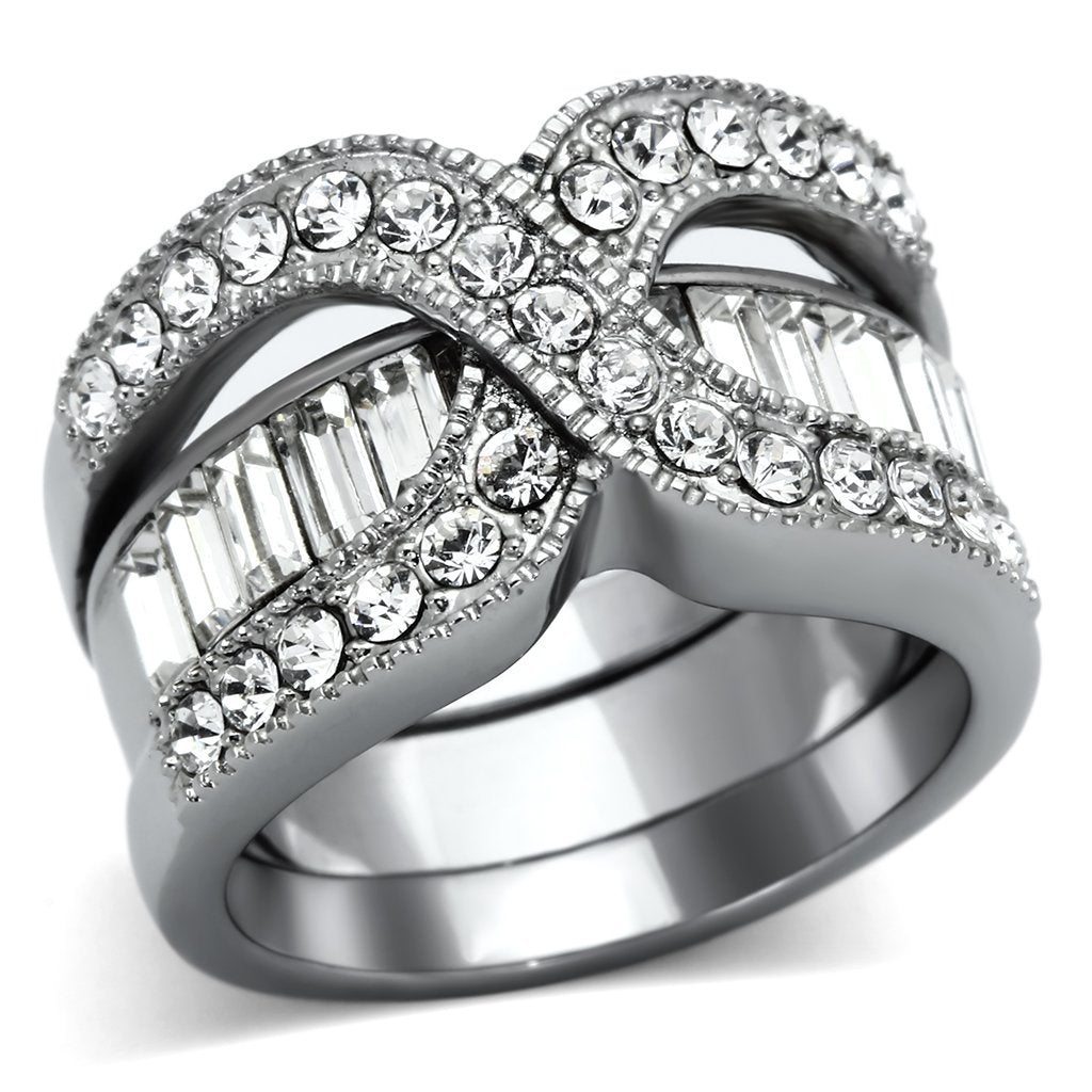 JCE970 High polished (no plating) Stainless Steel Ring with Top Grade Crystal  in Clear