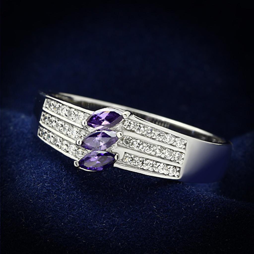 JCE104 Rhodium 925 Sterling Silver Ring with AAA Grade CZ  in Amethyst